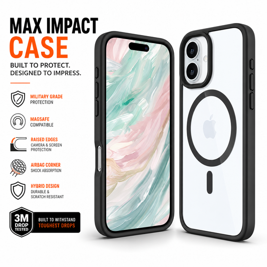 Max Impact Case for iPhone – 10FT Drop Protection, Anti-Yellow (Black/Transparent)